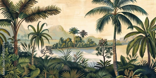 Wallpaper serene tropical landscape painting in pastel tones	
