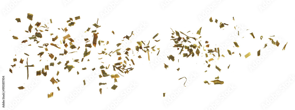 Fototapeta premium Close up dry chopped chive flying isolated on white background and texture, clipping path