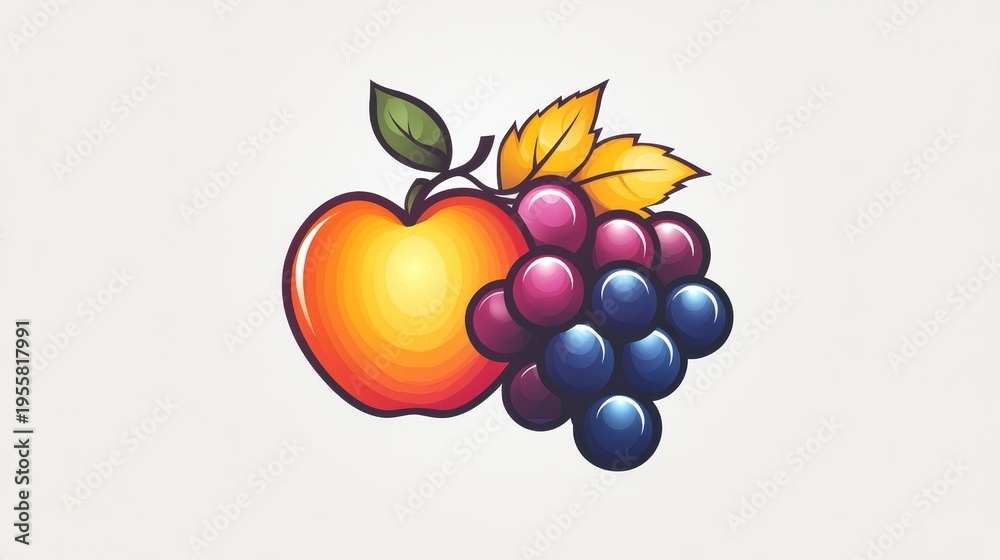 Obraz premium Apple and Grapes Logo: A logo with a stylized apple and bunch of grapes, using bright, bold colors. The fruits are arranged in a sleek, modern style, with simple yet elegant lines that convey freshnes