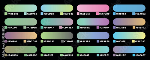 Modern colorful gradient palette collection with hex codes for ui design and digital interface
