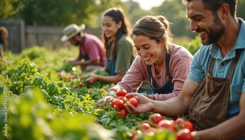 People harvest fresh tomatoes in sunny community garden. Diverse group smiles, chats, shares organic bounty. Neighbors bond over teamwork and sustainable lifestyle.
