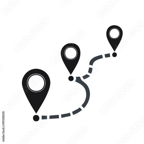 Three location pins connected by a dotted line map route