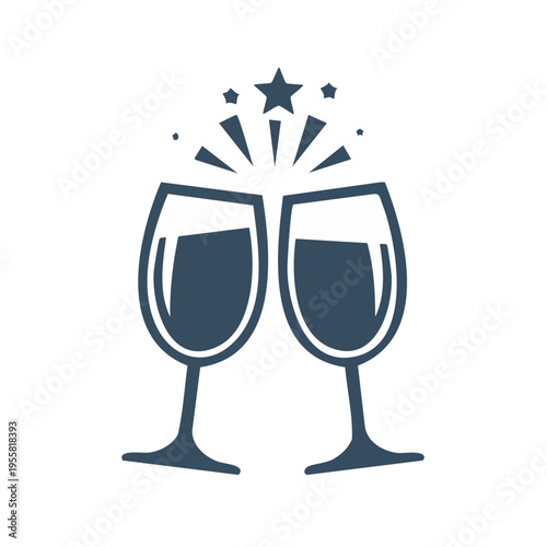 Two wine glasses clinking together with sparkling stars and confetti