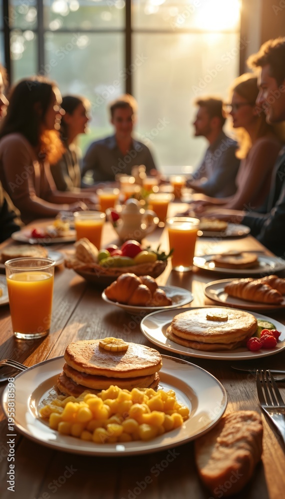 Fototapeta premium Group enjoys morning meal indoors. Sun shines on table with pancakes scrambled eggs juice and fruit. Friends share food during brunch. People eat together in bright room.