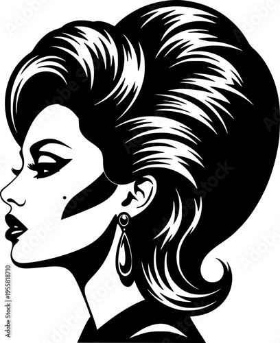 Profile silhouette of a woman with voluminous retro hairstyle and dramatic makeup