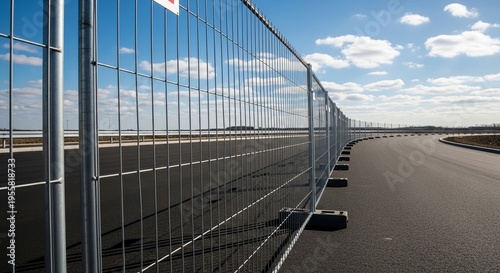 Temporary fencing along roadwork with blue skies and asphalt surface in background. Roadwork setup features sturdy metal fencing guiding vehicles on newly constructed road.