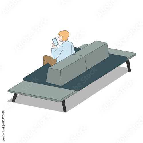 Person reclining on teal sofa working on laptop casual flat illustration