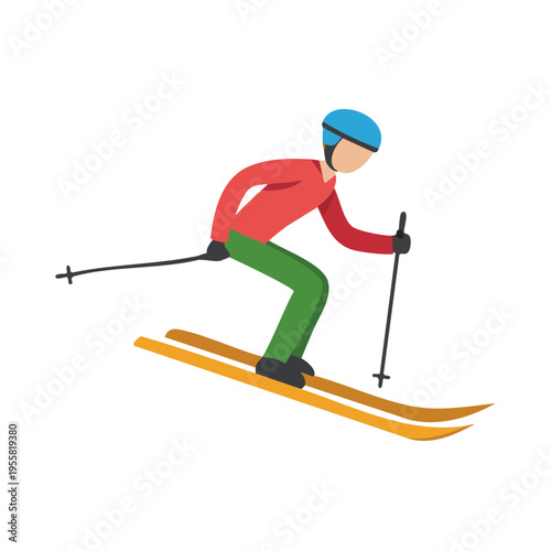 Skier in Red Jacket and Green Pants Descending Snowy Slope with Poles