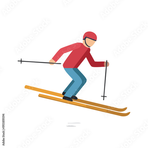 Athletic person skiing downhill with poles and helmet on slope
