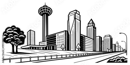 USA, US, U.S, United States - Modern City Skyline Art Print – Minimal Black & White Urban Illustration with Tower & Skyscrapers | Contemporary Wall Art for Home Decor & Office Spaces
