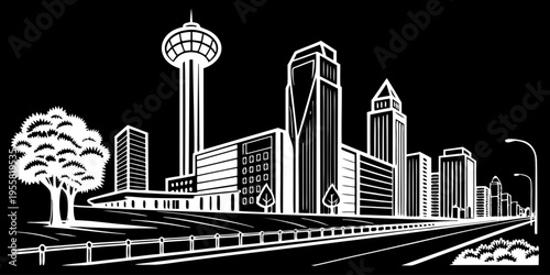 USA, US, U.S, United States - Modern City Skyline Art Print – Minimal Black & White Urban Illustration with Tower & Skyscrapers | Contemporary Wall Art for Home Decor & Office Spaces
