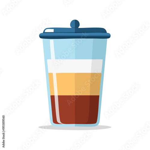 Layered Iced Coffee Drink in a Clear Tall Glass with Blue Lid