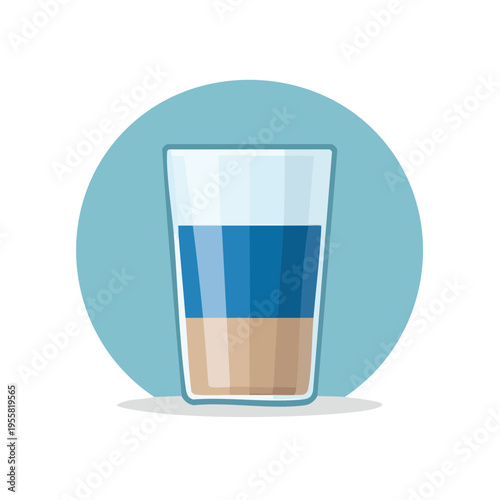 Layered beverage in a tall clear glass on a blue circle background illustration