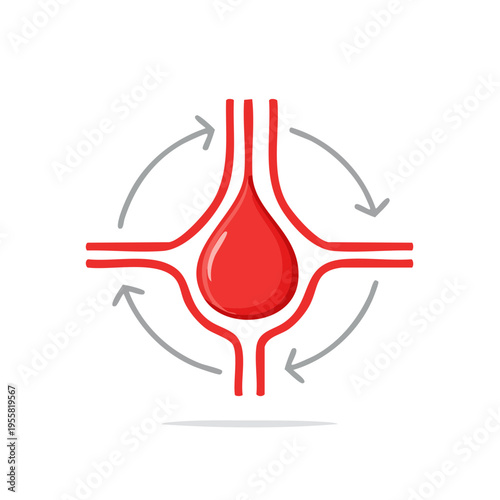 Abstract illustration of circulating blood droplet within a red vessel and gray arrows