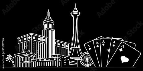 USA, US, U.S, United States - Las Vegas Skyline Art Print – Minimal Black & White Casino Illustration with Aces & Landmarks | Modern Vegas Wall Art for Home Decor & Entertainment Lovers
