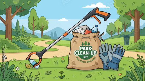 Park Clean-Up Kit Vector Illustration with Litter Picker Tool, Full Sack of Trash, and Work Gloves on a Grassy Path Background