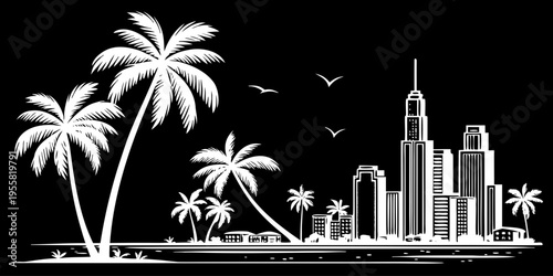 USA, US, U.S, United States - Tropical City Skyline Art Print – Minimal Black & White Urban Illustration with Palm Trees | Modern Coastal Wall Art for Home Decor & Travel Lovers
