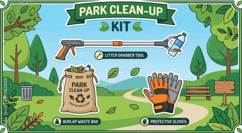 Park Clean-Up Kit Vector Illustration with Litter Grabber Tool, Burlap Waste Bag, and Protective Gloves for Environmental Conservation and Community Service Projects