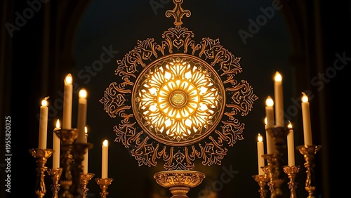 monstrance. Detailed golden monstrance glowing with warm light on a church altar. event programs, museum guides, designed for cultural heritage projects and event programs.