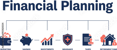 Financial planning process diagram, budgeting savings investments insurance taxes retirement fund strategy, personal finance management, wealth growth and security concept illustration