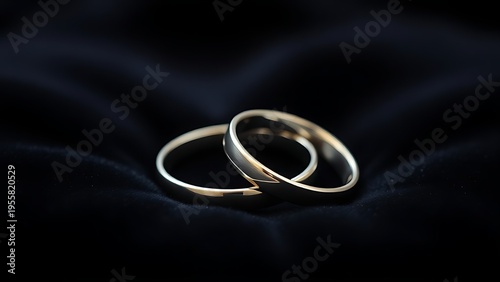 electroluminescence. Two silver wedding bands overlapping on dark velvet fabric. lifestyle magazines, social media lookbooks, designed for lifestyle magazines and social media content.