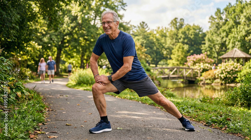 Elderly man stretching on walking path in sunny park during daytime. Active elderly man stretching