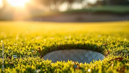 divot. Morning dew on a repaired divot on a golf course green. product launch decks, UI/UX mockups, data dashboards, designed for product launches and innovation pitches, used by devops engineers.