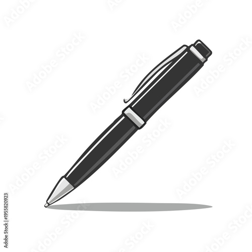 Elegant black ballpoint pen with silver accents and a subtle shadow casting a professional writing tool