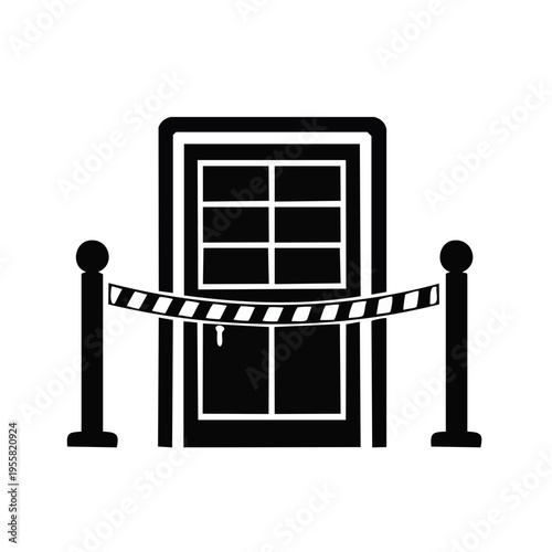Crime scene tape blocks access to a closed door with a window