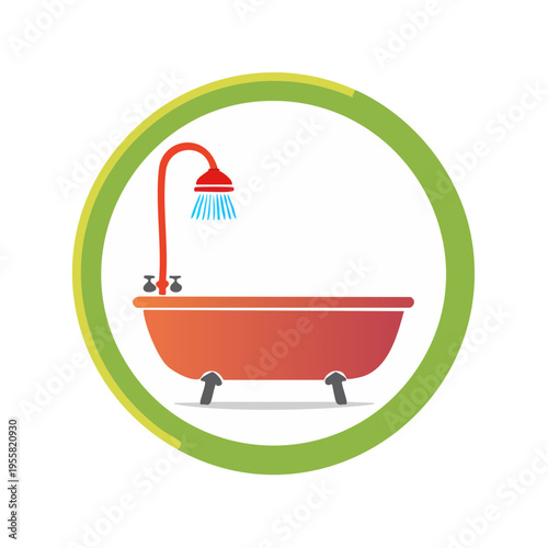 Stylized red bathtub with shower head and water droplets inside a green and yellow circle