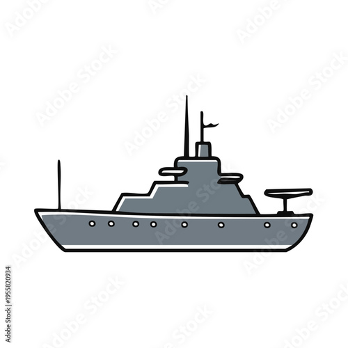 Illustration of a gray warship with a sleek modern design on a white background