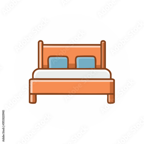 Comfortable Wooden Bed with Pillows and Duvet Simple Icon