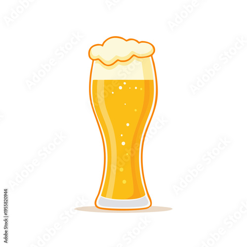 Tall glass of golden beer with frothy head and bubbles, beverage illustration