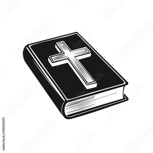 Stylized illustration of a holy bible with a prominent cross emblem on its cover
