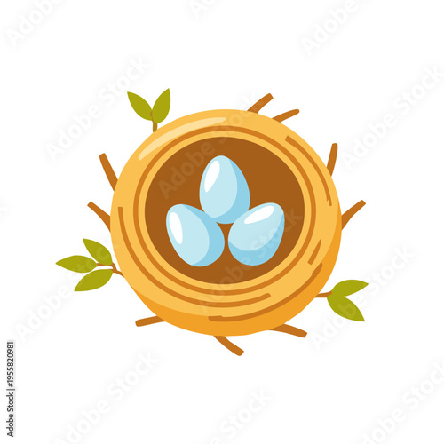 Birdnest with three blue eggs and green leaves