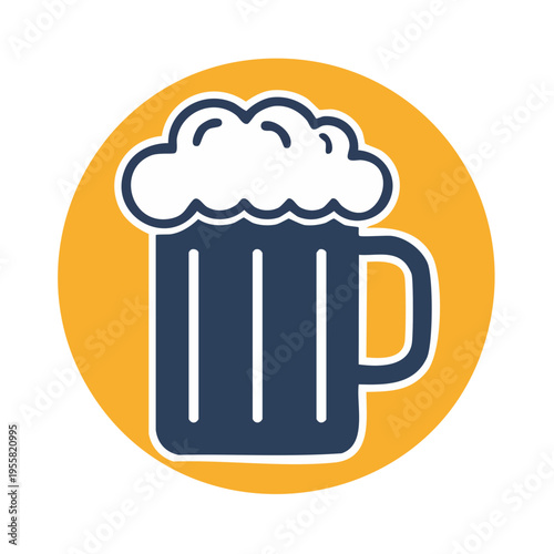 Stylized Icon of Dark Beer Mug with White Foam Bubbles Inside Yellow Circle