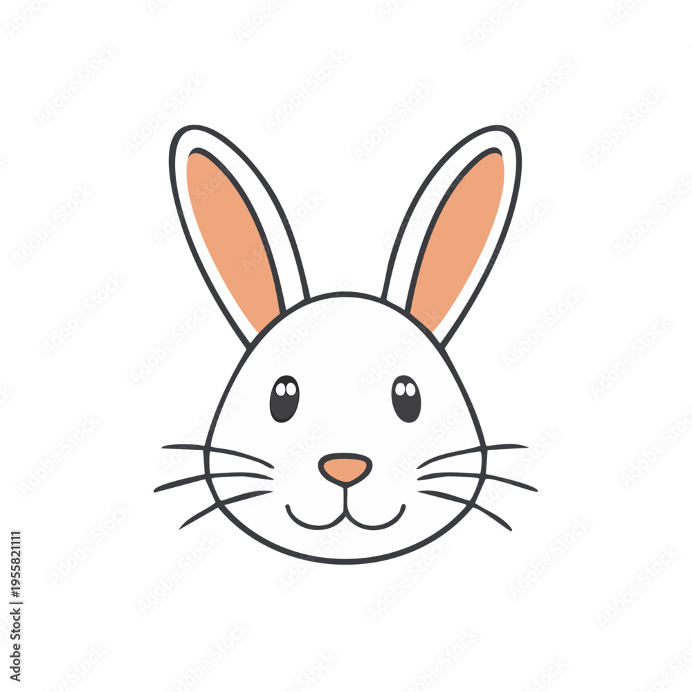 Obraz premium Cute cartoon white rabbit face with pink ears and whiskers, simple illustration