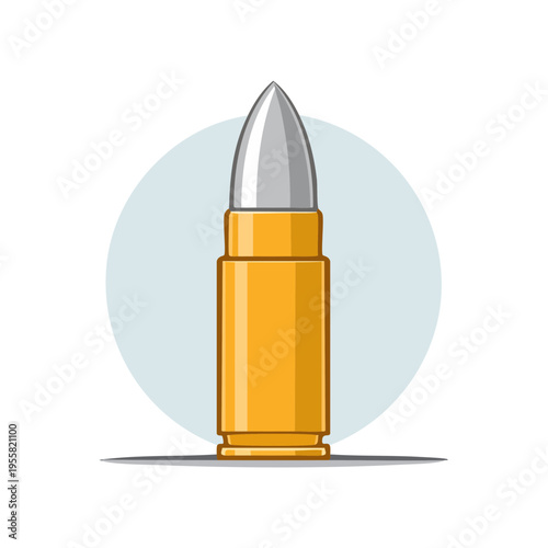 Yellow bullet cartridge standing tall with silver tip and light blue circle background
