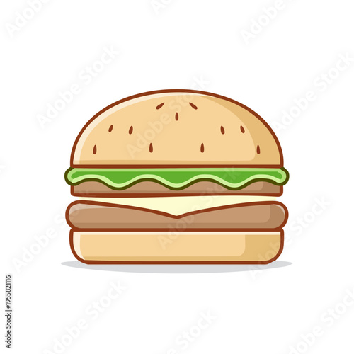 Flat design vector illustration of a delicious cheeseburger with sesame seeds on the bun