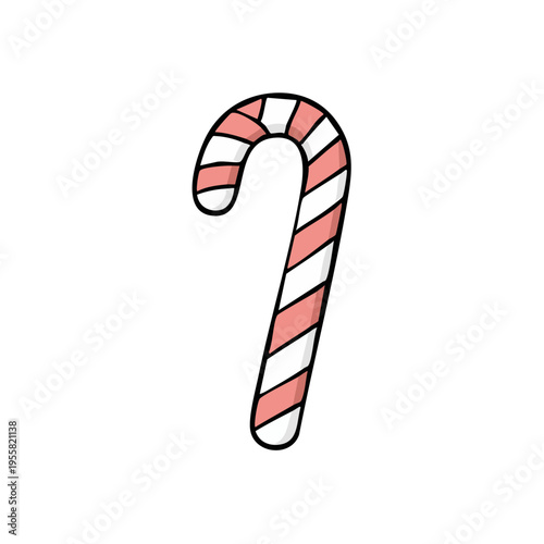 Pink and white striped candy cane with black outline illustration