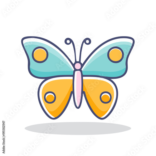 Cute cartoon butterfly with aqua and yellow wings and orange polka dots