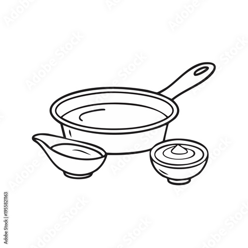 Culinary sauces and gravies in serving dishes and pan line art illustration