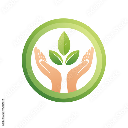 Hands cupping a plant with leaves inside a green circle symbolizing growth and care