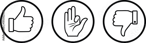 Three circular icons displaying hand gestures including a thumbs up, a hand sign and a thumbs down Vector