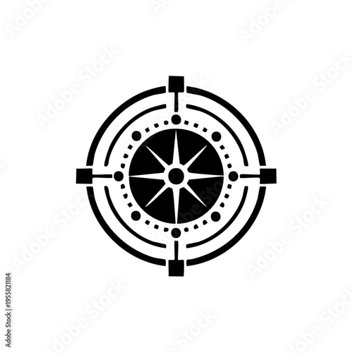 Black compass rose symbol with target markings and directional points for navigation and discovery