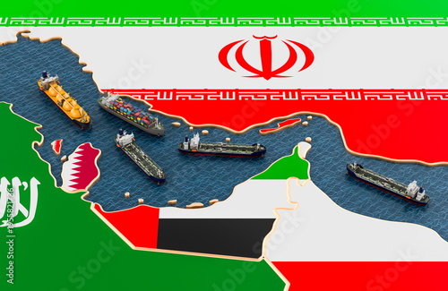 Strait of Hormuz shipping crisis map with tankers and trade routes. Shipping disruption, energy chokepoint risk and Gulf supply shock, 3d rendering