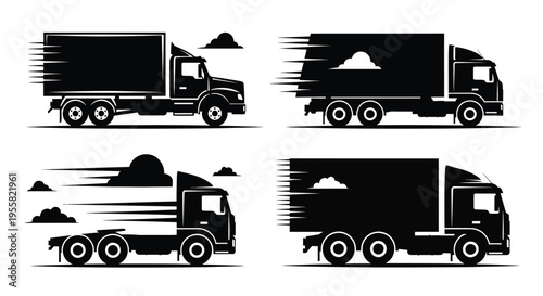 A set of four black silhouette icons depicts various styles of fast delivery trucks in motion with speed lines suggesting rapid transport.