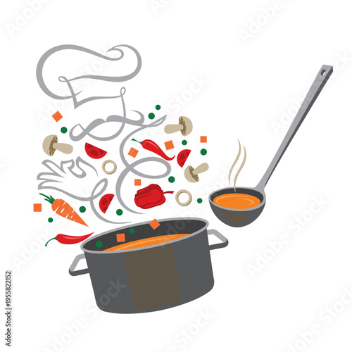 cooking process of vegetables on pan isolated on white background