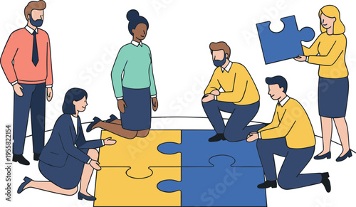 Cartoon teamwork illustration with diverse people assembling jigsaw puzzle symbolizing collaboration, problem solving, and unity