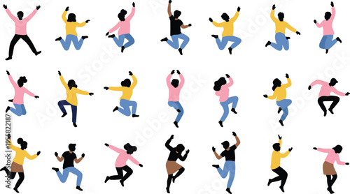 Collection of active men and women jumping and dancing featuring smooth thin line art vector outlines with consistent stroke width for energy designs